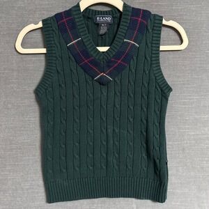E LAND Sweater Vest 6X/7 Green Cotton Cable Knit‎ Plaid Preppy Holiday Christmas
